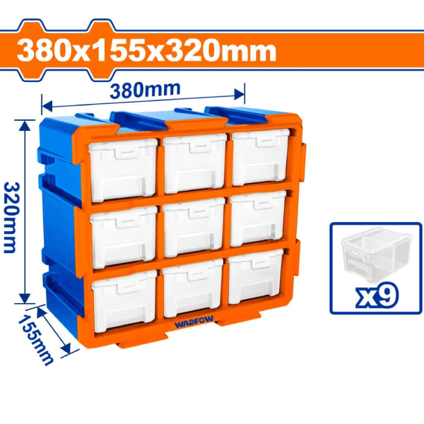 Bộ tủ gồm 9 khay nhựa đựng linh kiện (dạng kín) 380x155x320mm Wadfow WTB8331